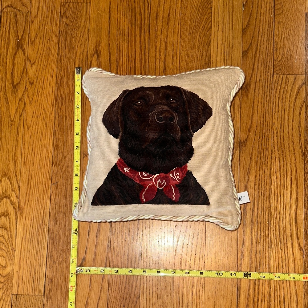 Charming chocolate lab needlepoint Accent Pillow with Red Scarf ♥️